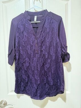 PerSeption Concept Purple Lace-Front Roll Sleeve Tunic